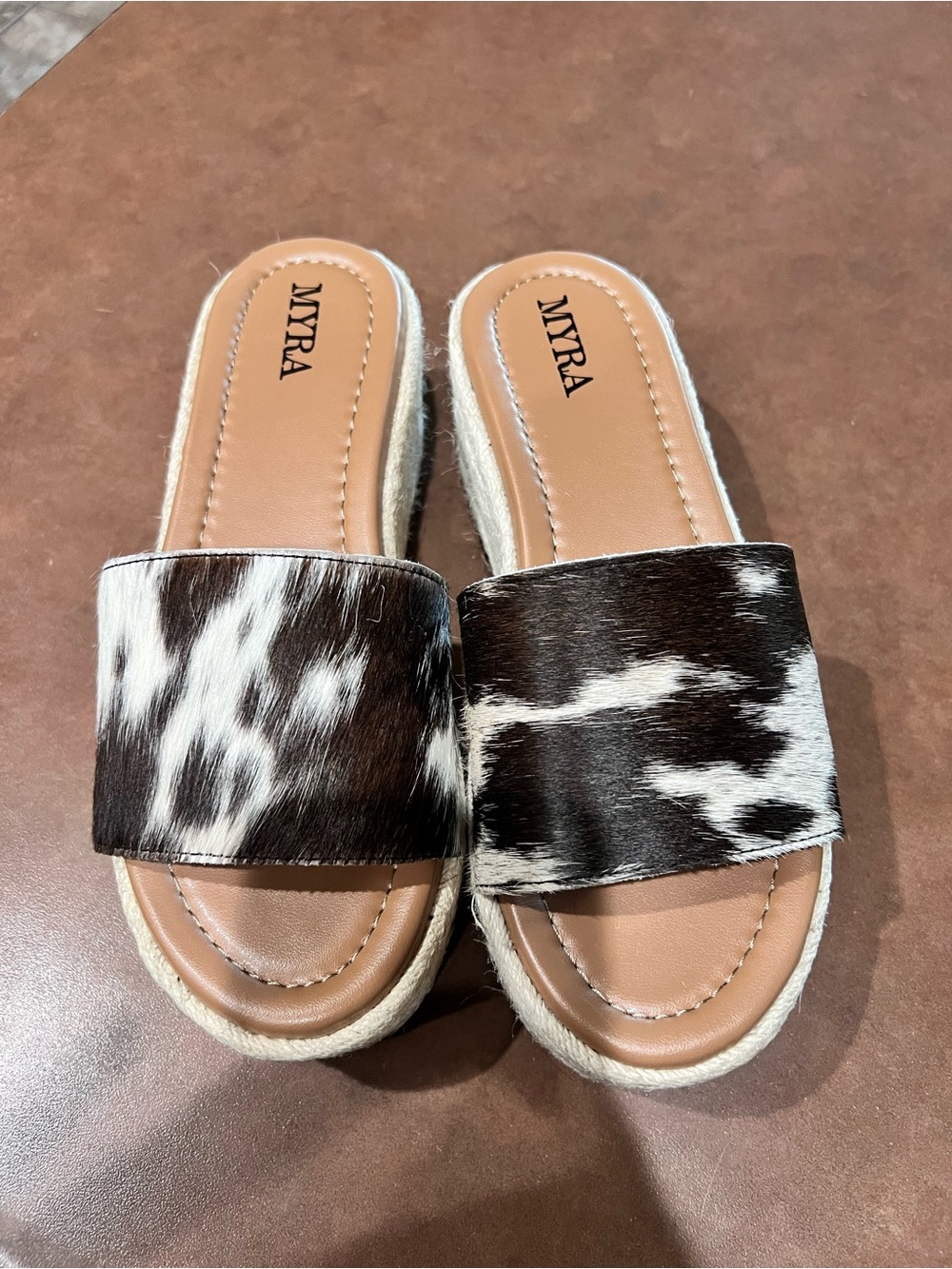 NWOT Myra Bag Brown & White Cowhide Slide Sandals